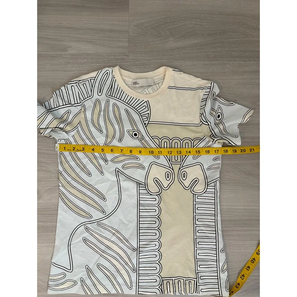 Tory Burch Women Shirt Zebra Column Graphic Print T-Shirt Cream Blue Portugal XS
